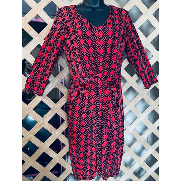 Karen Kane 4L60547 Tangerine Red Diamond Print Stretch Jersey Tiffany Dress M - Picture 1 of 9